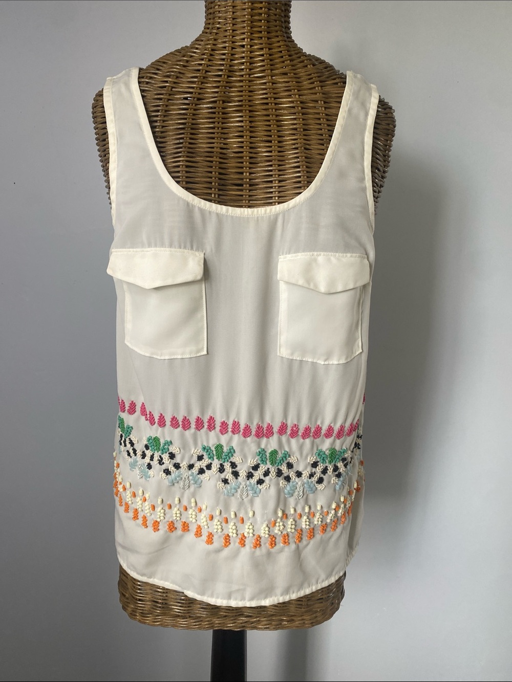 Cream Embroidered Sleeveless Pocket Camisole